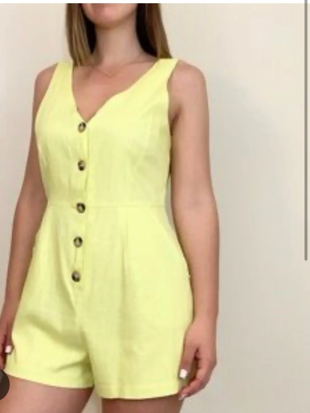 Lush Medium Linen Blend Yellow V-Neck Button-Front Romper - Picture 1 of 11